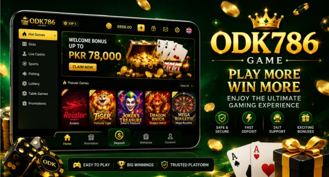ODK786 Game homepage banner featuring a modern mobile gaming platform with an easy interface, exciting features, and Android APK download guide.